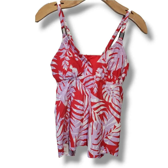 Kona Sol Women’s Red Botanical Leaf Tankini Swimsuit Top - Small NWT - Picture 1 of 11